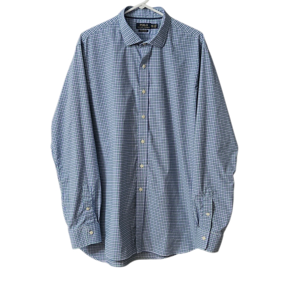 Polo Ralph Lauren Performance Dress Shirt Men's XXL Long Sleeve Plaid Blue Green